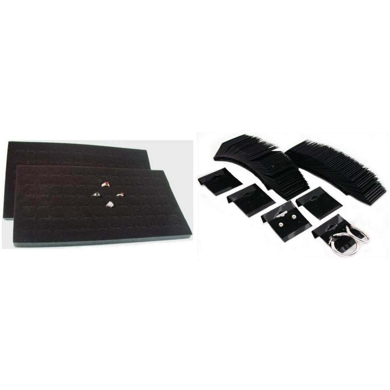 72 Slot Black Foam Ring Tray Insert & Black Flocked Earring Cards Kit 102 Pcs